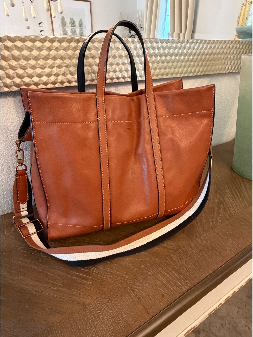 Fossil Carmen Large Cognac Leather Tote Bag Purse with Striped Shoulder Strap